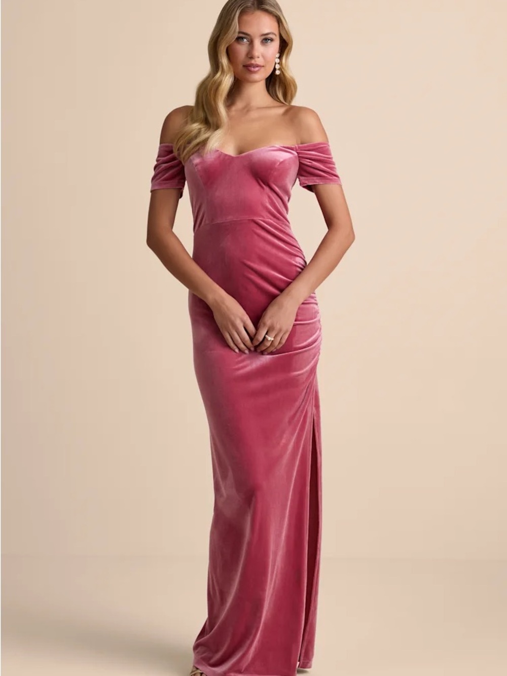 Lulus • Glorious Celebration Pink Velvet Off-the-Shoulder Maxi Dress Size Large